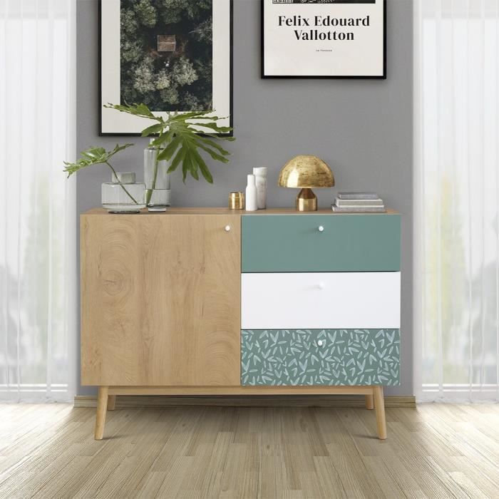 Buffet - Chene et vert - Style scandinave - 1 porte - GARDENIA - L 110 x P 45 x H 80 cm