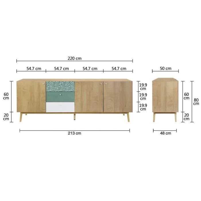 Buffet - Décor chene et vert - Pieds en bois massif - 3 portes + 3 tiroirs - GARDENIA - L 220 x P 50 x H 80 cm