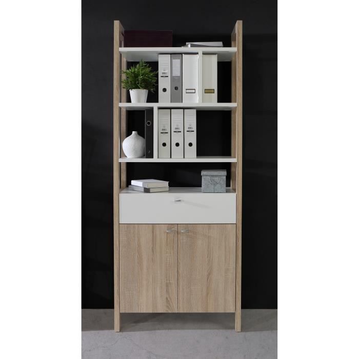 Etagere/Bibliotheque HOYVIK 2 portes - 1 tablette, 1 tiroir, étageres - Décor chene sonoma avec du blanc mat - Poignées en métal