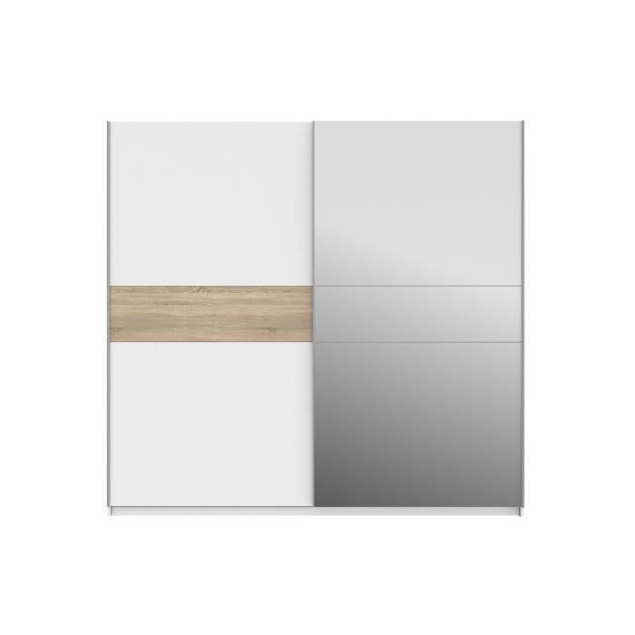 Armoire 2 portes coulissantes + miroir - Décor Blanc et Sonoma - L 220,1 x P 61,2 x H 209,7 - ATOS