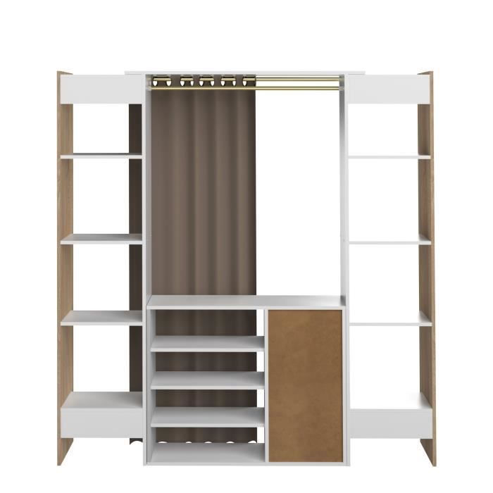 Dressing extensible DRESS- Décor chene et blanc- 8 niches+4 tiroirs+penderie- Rideau chocolat- L 112-185 x P 50 x H 182 cm-SYMBIOSIS