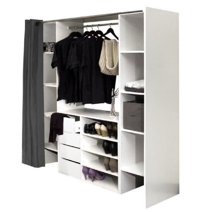 Dressing extensible DRESS - Blanc - 8 niches+4 tiroirs+penderie Contemporain - Rideau noir - L 112-185 x P 50 x H 182 cm - SYMBIOSIS