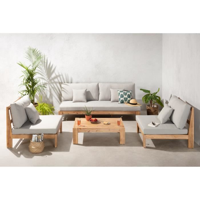 Salon de jardin en bois d'Acacia FSC avec coussins - 4 personnes - Ferret - Gris perle