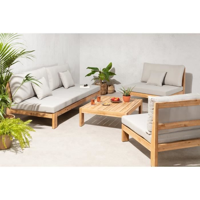 Salon de jardin en bois d'Acacia FSC avec coussins - 4 personnes - Ferret - Gris perle