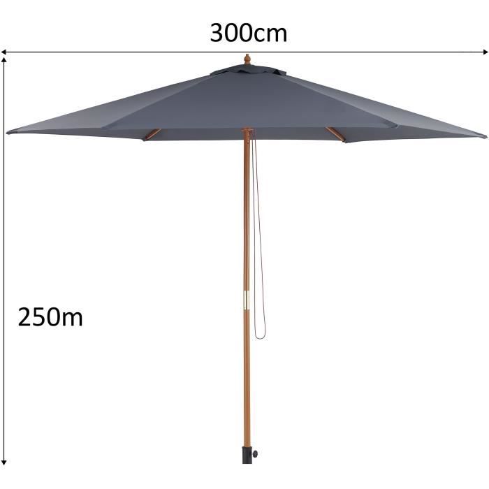 Parasol droit diametre 3m - Mât bois rond et polyester 180g/m² - Gris