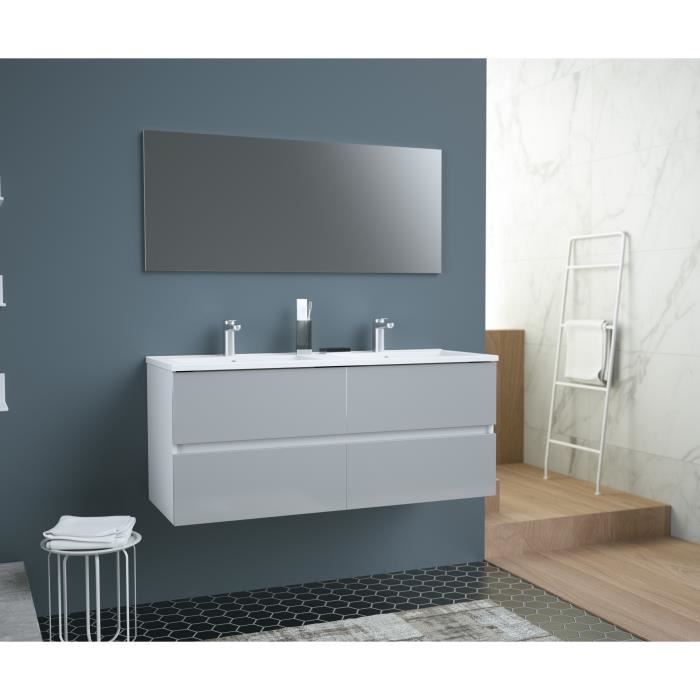 TOTEM Salle de bain 120cm - Gris - 4 tiroirs fermetures ralenties - double vasque en c?ramique + miroir