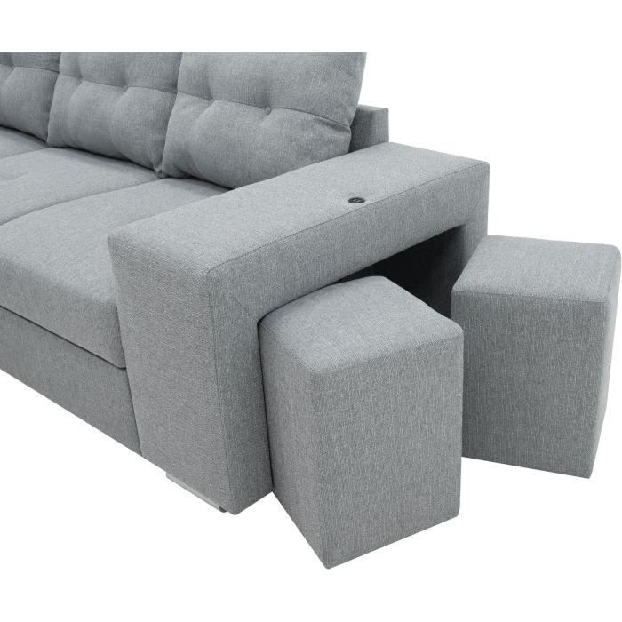 Canapé angle convertible réversible 7 places MITCHELL - Coffre, 2 poufs, prise 2 ports USB - Tissu Gris - L 247 x P 205 x H 91 cm