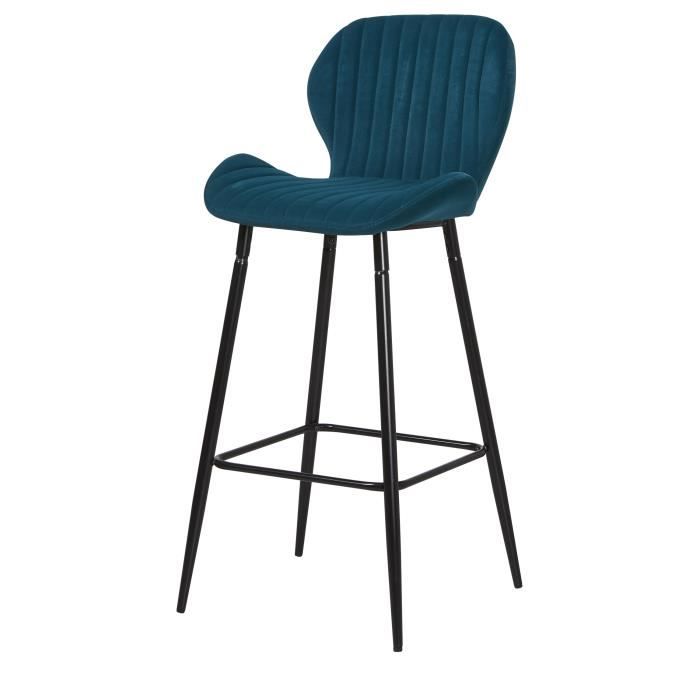PORTO Lot de 4 tabourets de bar - Velours bleu canard - Pieds métal - L 51 x P 41 x H 75 cm