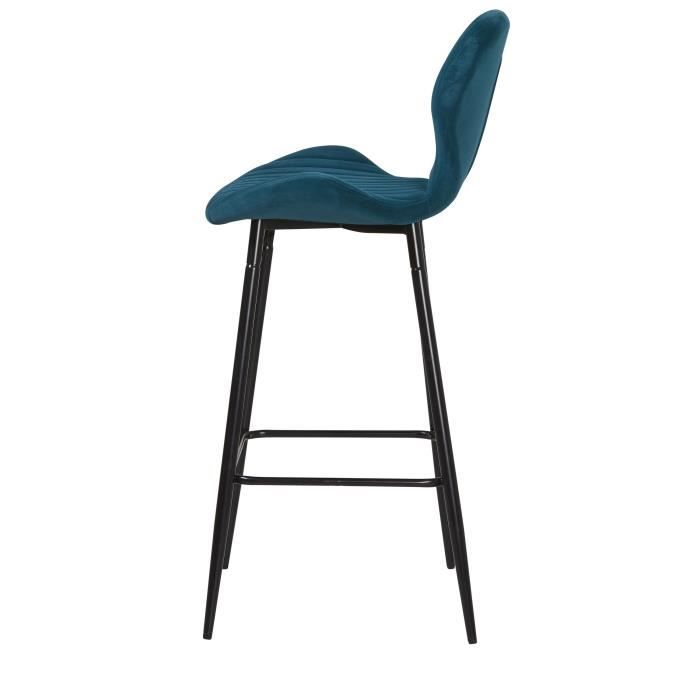 PORTO Lot de 2 tabourets de bar - Velours bleu canard - Pieds métal - L 51 x P 41 x H 75 cm