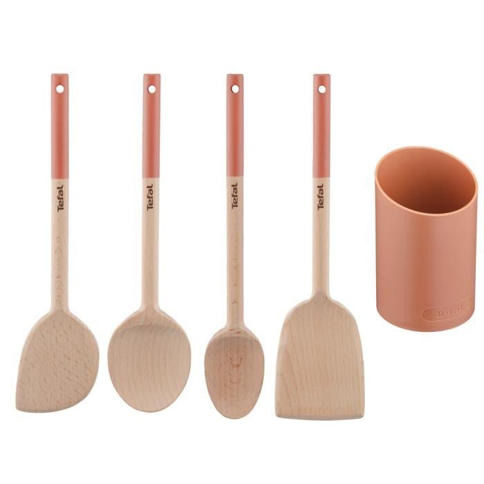 TEFAL Natura 5 ustensiles de cuisine en bois, Grande cuillere, Spatule biseautée, Maryse, Petite cuillere, Porte-ustensiles K270