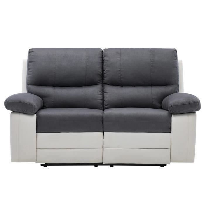 Canapé relax électrique - 2 places - Tissu gris et simili blanc - DUSTIN