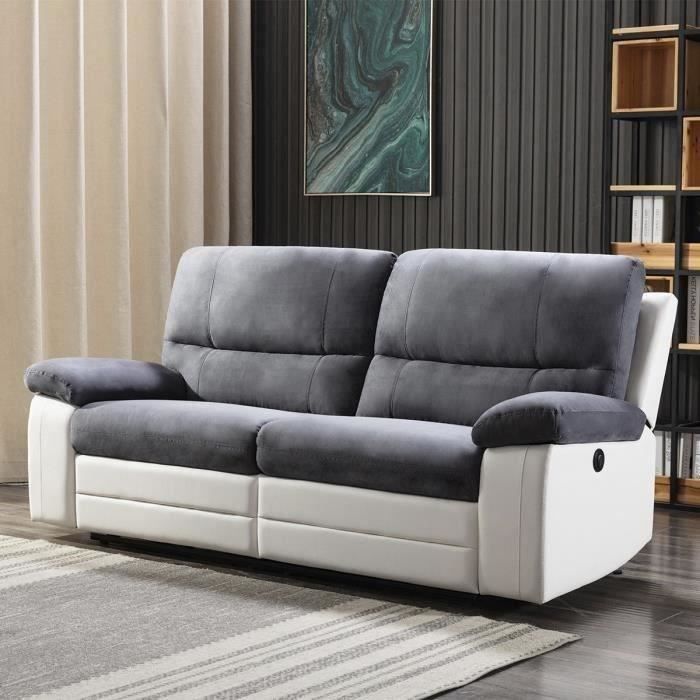 Canapé rela 3 places dont 2 relax électrique - Tissu gris et simili blanc - DUSTIN