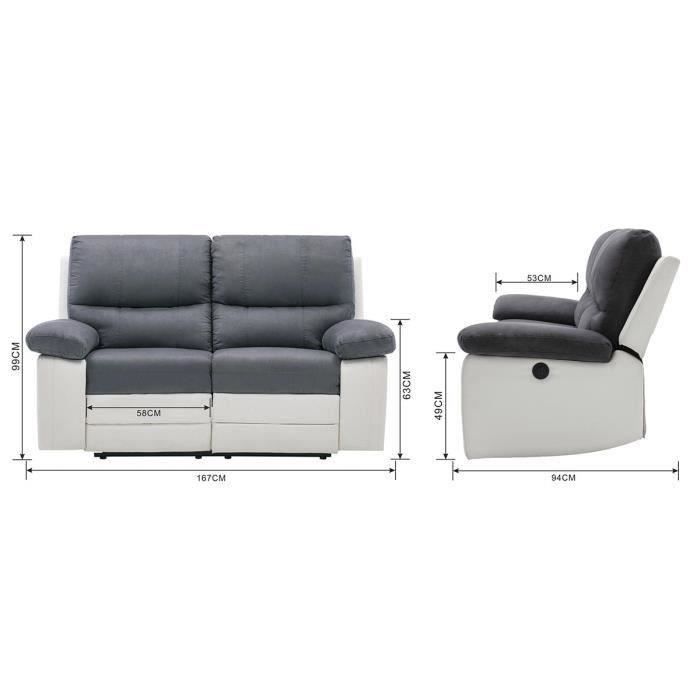 Canapé relax électrique - 2 places - Tissu gris et simili blanc - DUSTIN