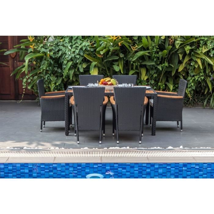 PARIS Ensemble repas de jardin 6 personnes - Table 150x90cm + 6 Fauteuils - Plateau Acacia FSC et structure résine tressée - Noir