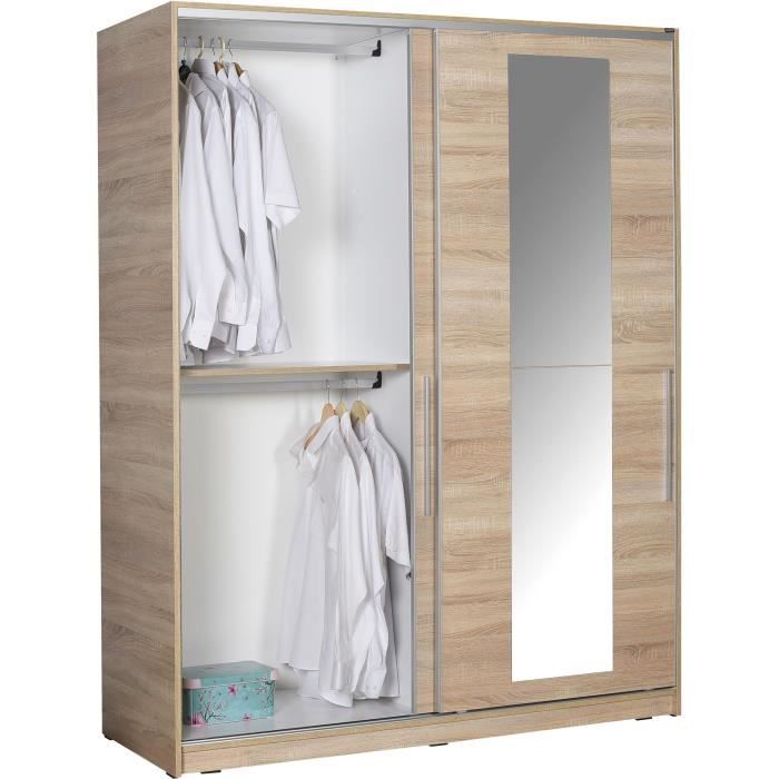 Armoire 2 portes coulissantes avec 1 miroir - 3 penderies et 5 étageres - décor bois nature - L 160 x P 60 x H 207 cm - SLIDY