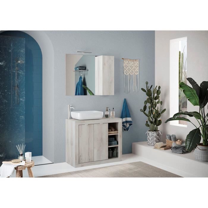 ROME Ensemble Meuble salle de bain  L 92 + vasque + 2 Portes + 3 niches  - Coloris chene Pin Clair
