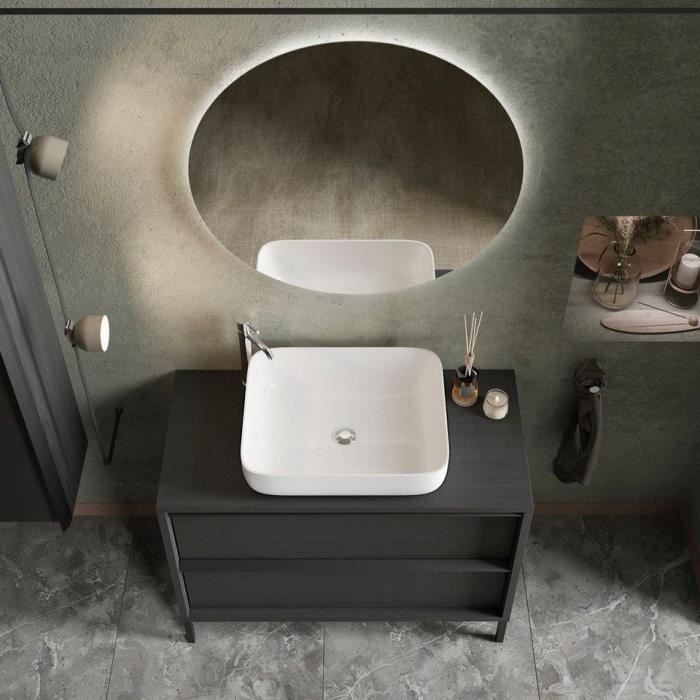 STEEL Ensemble Meuble salle de bain  L 92 + vasque + 2 Tiroirs  - Coloris Chene noir brulé