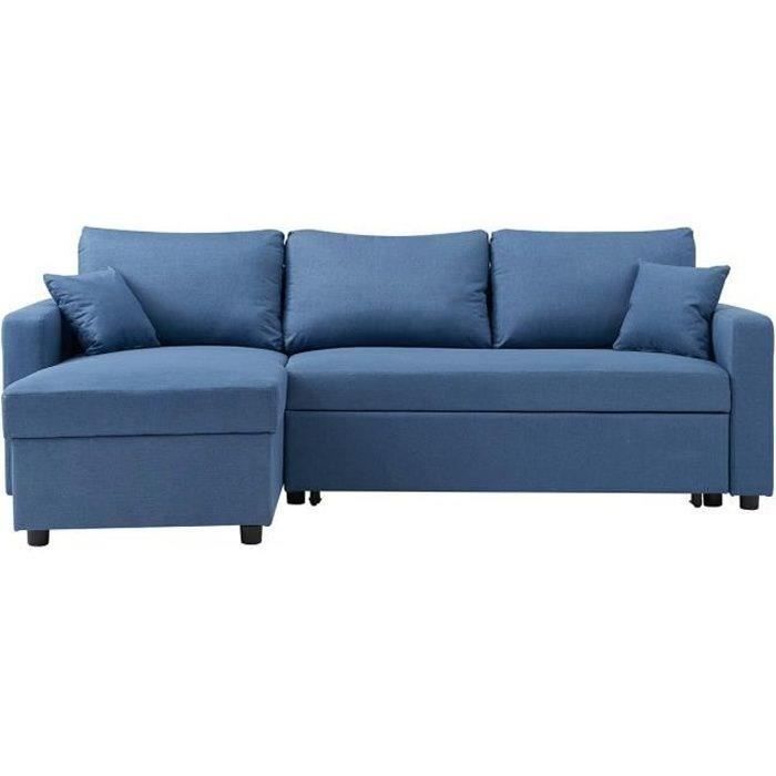 Canapé d'angle gauche convertible grand couchage + coffre - Tissu Bleu- L 228 x P 148 x H 86 cm - OWENS