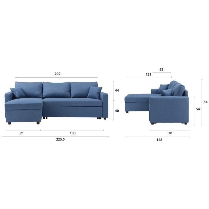 Canapé d'angle gauche convertible grand couchage + coffre - Tissu Bleu- L 228 x P 148 x H 86 cm - OWENS