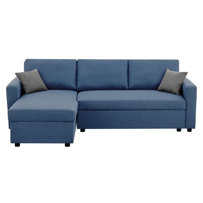 Canapé d'angle fixe + 2 coussins - Tissu Bleu - L 228 x P 148 x H 86 cm - OWENS