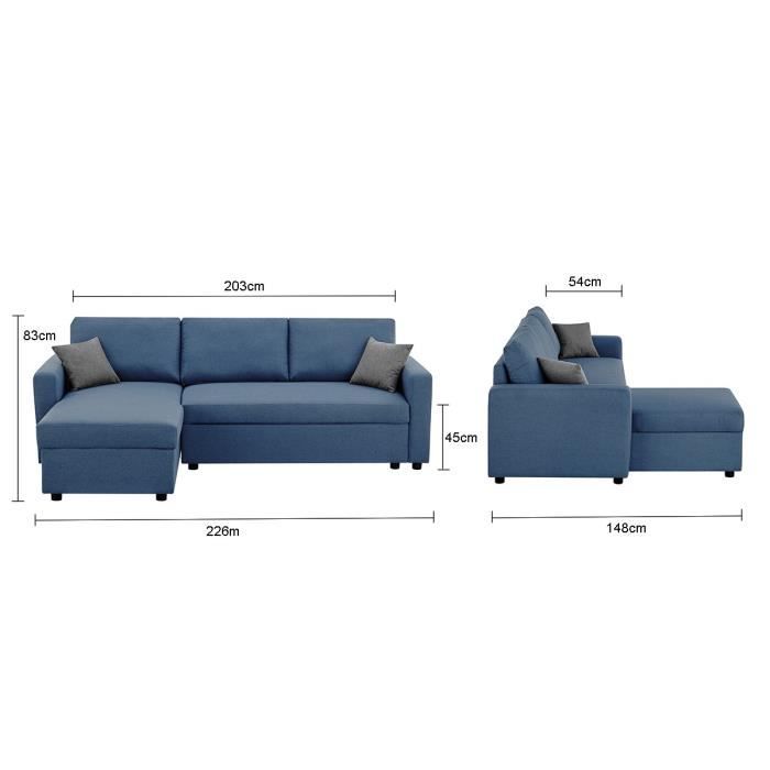Canapé d'angle fixe + 2 coussins - Tissu Bleu - L 228 x P 148 x H 86 cm - OWENS