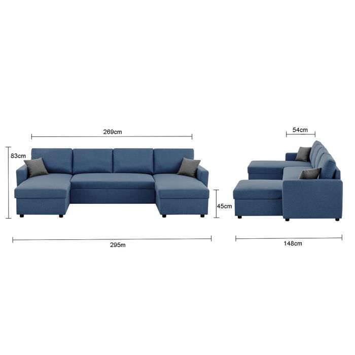 Canapé d'angle convertible panoramique + 2 coffres de rangement + 2 coussins - Tissu Bleu - L 300 x P 148 x H 83 cm - OWENS