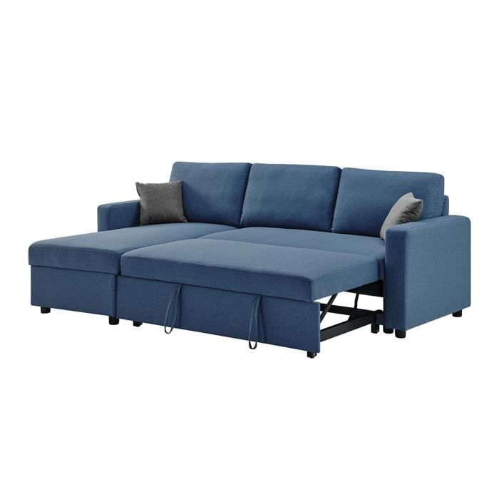 Canapé d'angle réversible et convertible + 2 coussins - Tissu Bleu - L 220 x P 148 x H 83 cm - TOM