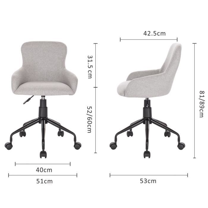 Chaise de bureau NEST - Tissu Gris - Ajustable - L 51 x P 53 x H 81/89 cm