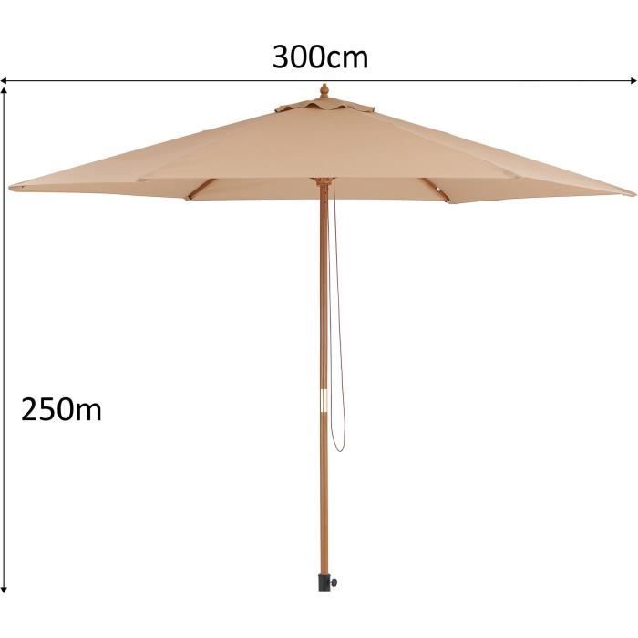 Parasol droit diametre 3m - Mât bois rond et polyester 180g/m² - Taupe