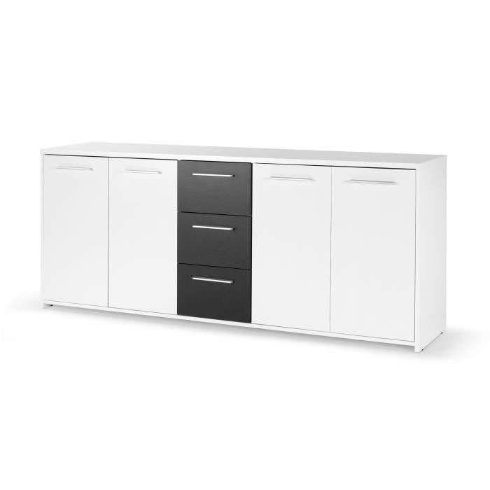 Buffet bas PILVI - 4 portes et 3 tiroirs - Blanc et noir mat - Contemporain - L 179,2 x P 42 x H 74,5 cm