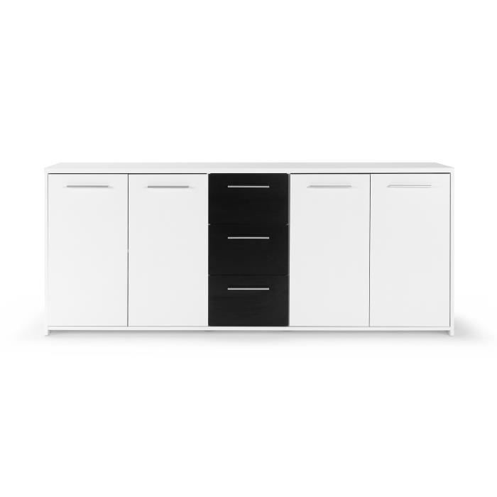 Buffet bas PILVI - 4 portes et 3 tiroirs - Blanc et noir mat - Contemporain - L 179,2 x P 42 x H 74,5 cm