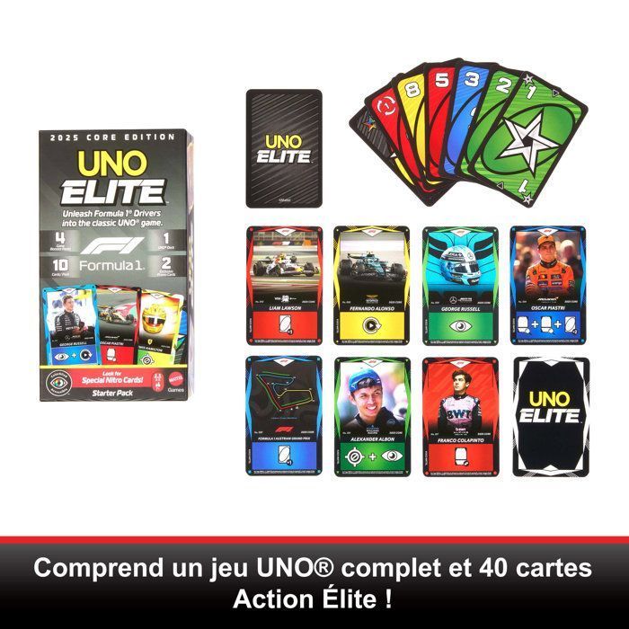 UNO Élite Formula 1 - Jeu de cartes avec 4 boosters