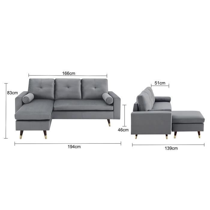 Canapé d'angle fixe réversible - Tissu gris - L 194 x P 139 x H 83 - Pieds bois et doré - NEW YORK