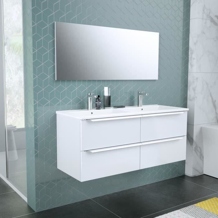 ZOOM meuble de salle de bain double vasque avec miroir L 120cm - 4 tiroirs a fermeture ralenties - Blanc laqu? brillant