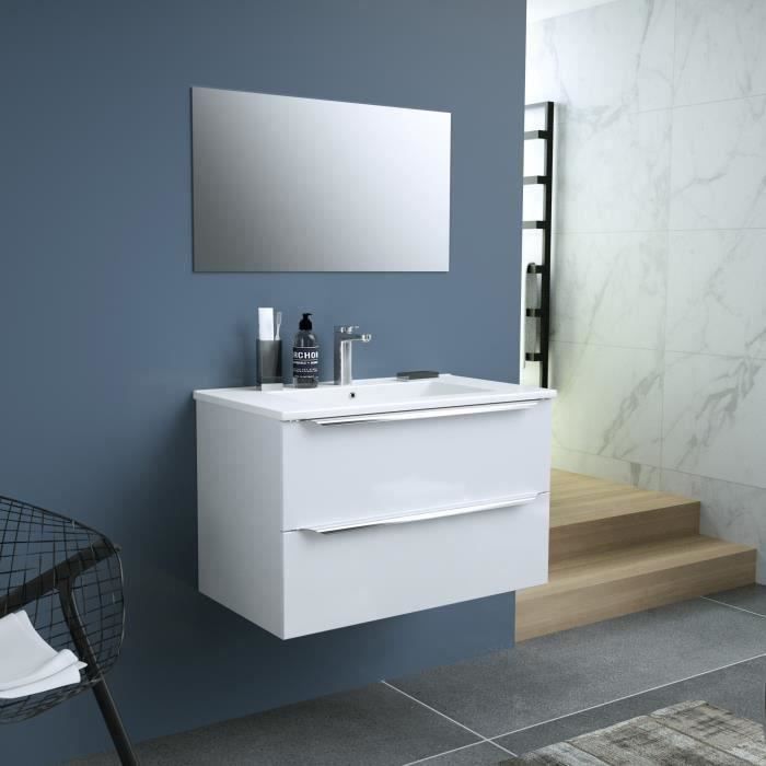 ZOOM meuble de salle de bain simple vasque avec miroir L 80cm - 2 tiroirs a fermeture ralenties - Blanc laqu? brillant