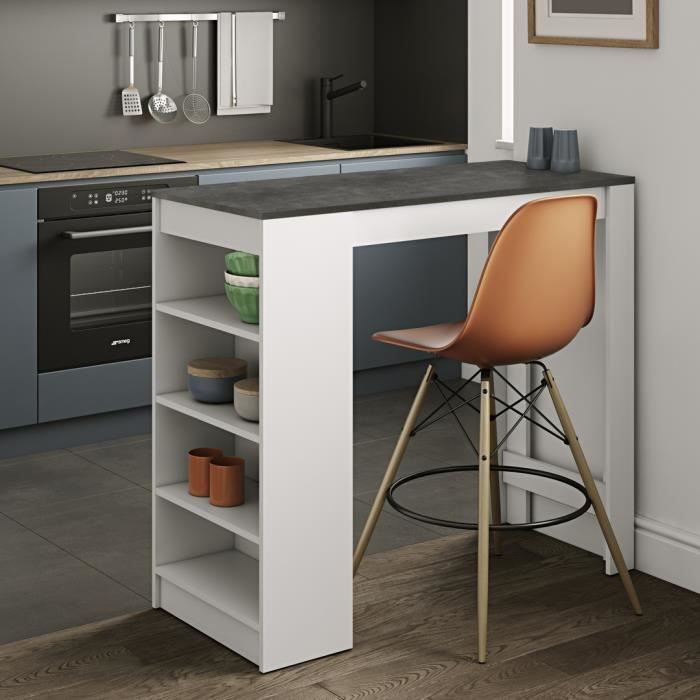 Table bar ARAVIS -Blanc et Béton 4 Niches - 2 a 4 personnes - Style contemporain -L 115 x P 50 x H 103 cm-SYMBIOSIS