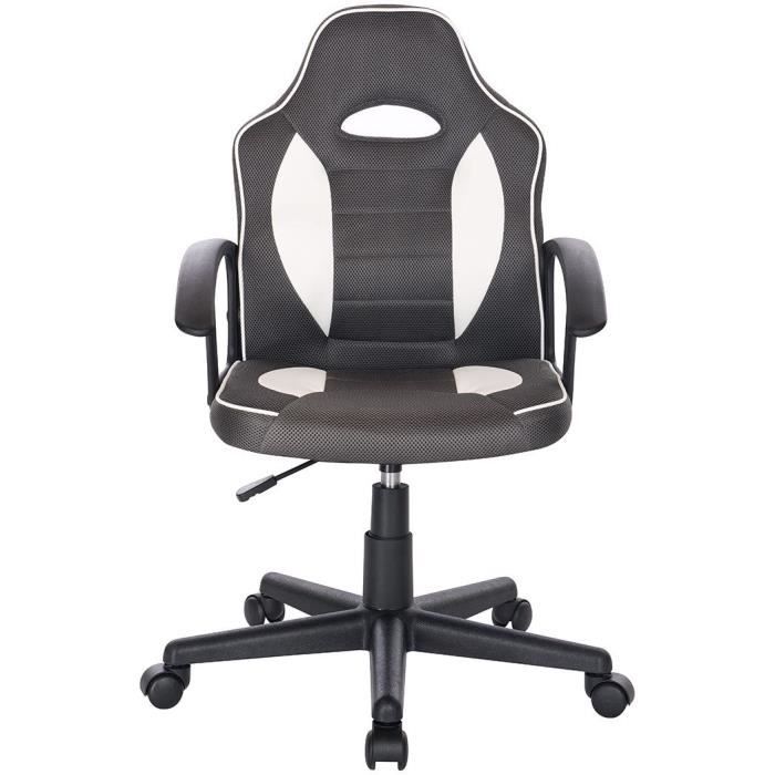 TERRY Chaise de bureau ajustable gaming - Simili Blanc et gris - L 56 x P 60 x H 92 / 102 cm