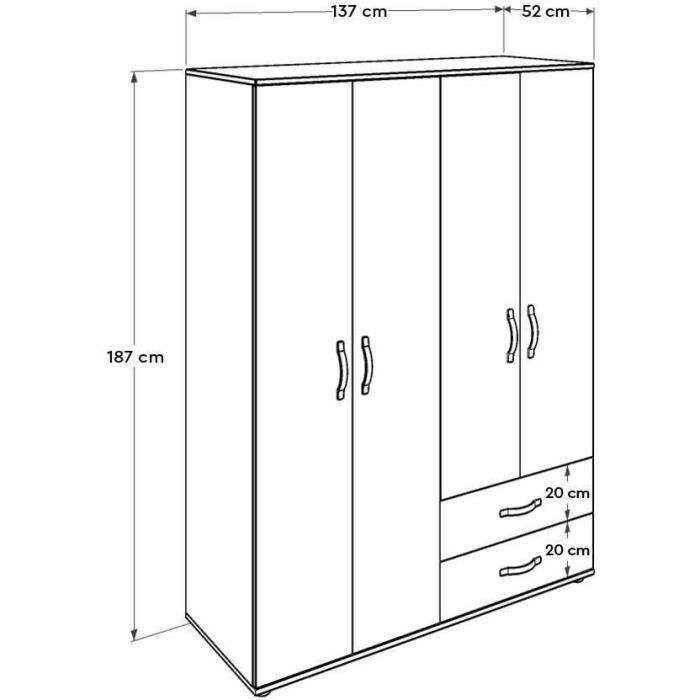 Armoire 4 portes - 2 tiroirs, penderie et étageres - décor bois nature - L 137 x P 52 x H 187 cm - DYNAMIC MAX