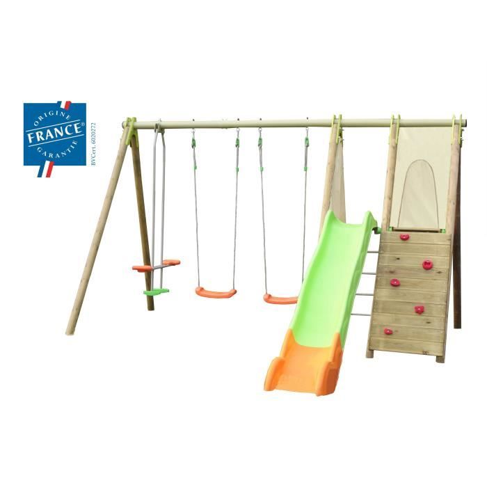 AMCA Portique Bois/Métal 2,30 m avec 2 Balançoires et 1 mur d'Escalade