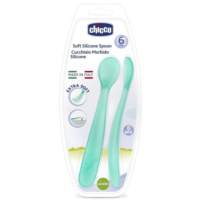 CHICCO Mes premieres cuilleres souples bout silicone x2 Bleu