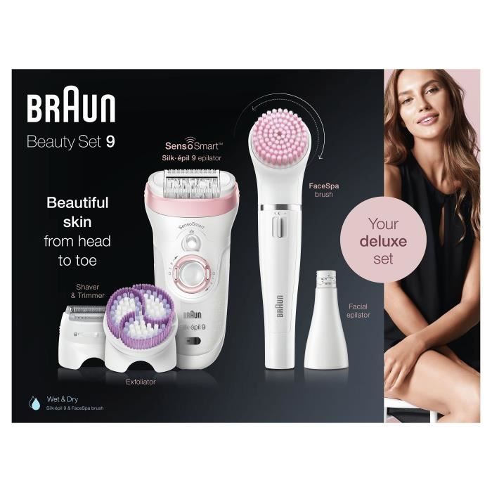 BRAUN KIT BEAUTE SE 9975-Epilateur-tête pivotante-smartlight-sensoSmart + Face spa-10 micro ouvertures-brosse ultra sensible