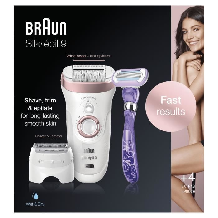 BRAUN Silk-épil 9 9 / 870 SensoSmart Epilateur électrique - 7 accessoires - Or et rose