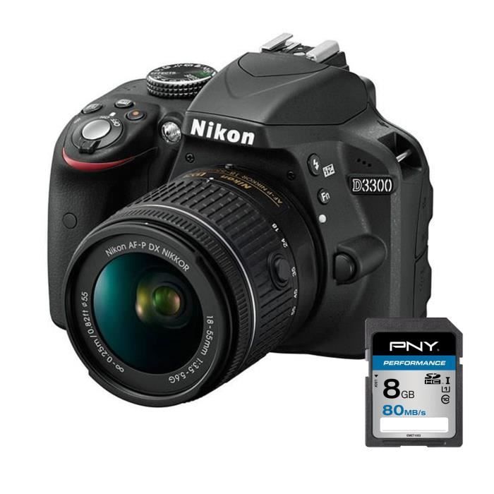 Pack NIKON D3300 Noir + AF-P 18-55VR - Appareil photo numérique reflex avec objectif + PNY SDHC 8 Go Performance 80MB/s
