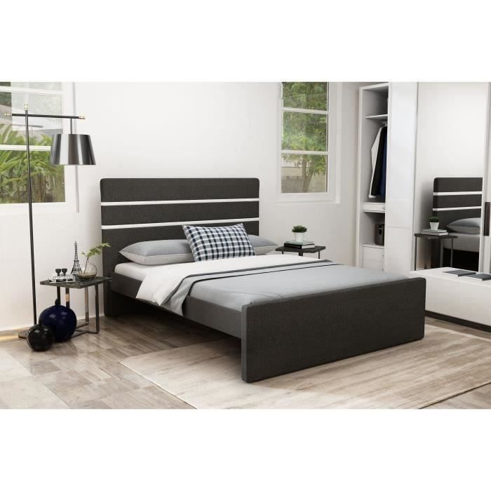 FINLANDEK Lit adulte avec tête de lit DALSTON contemporain - Tissu sawana gris anthracite et carolyn blanc - l 140 x L 190 cm