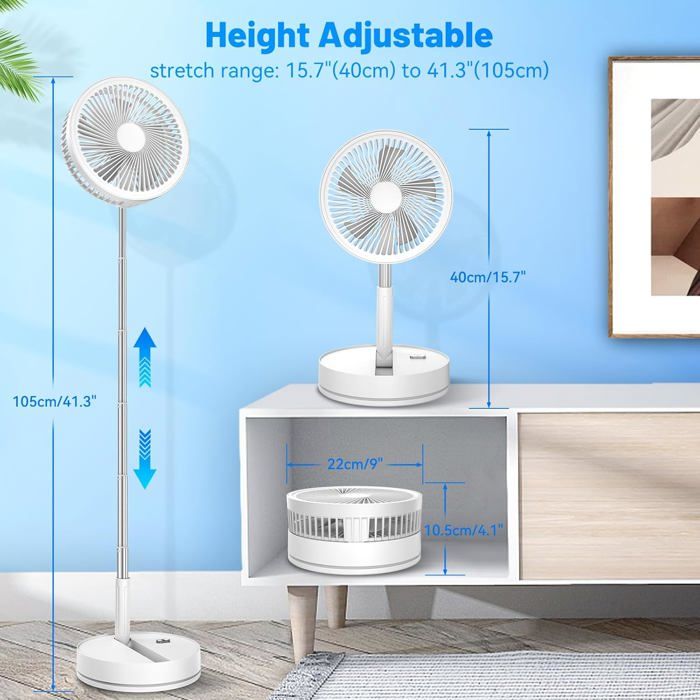 Ventilateur blanc à pied avec réglage de hauteur de 40 cm à 105 cm, illustré en position haute et basse, avec indication des dimensions et du mécanisme de pliage. En bas, le ventilateur démonté est montré dans un meuble, avec cotes : hauteur 10,5 cm, diamètre 22 cm.