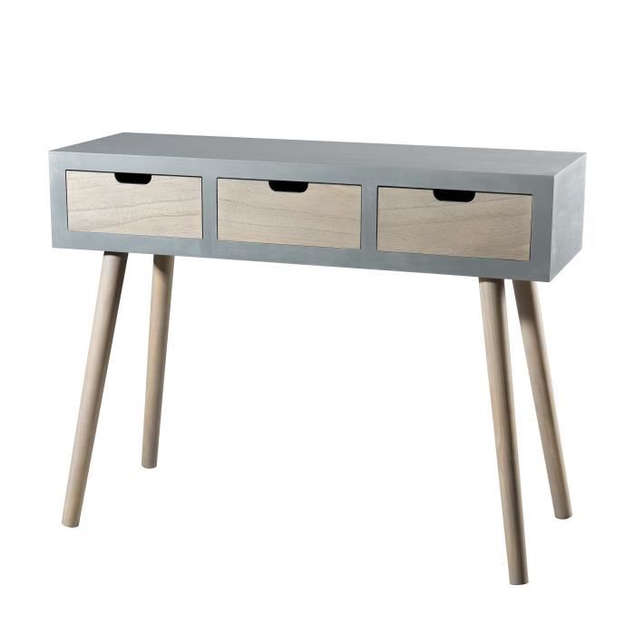 Console scandinave gris effet béton brillant et décor bois naturel + pieds bois pin massif - L 100 cm
