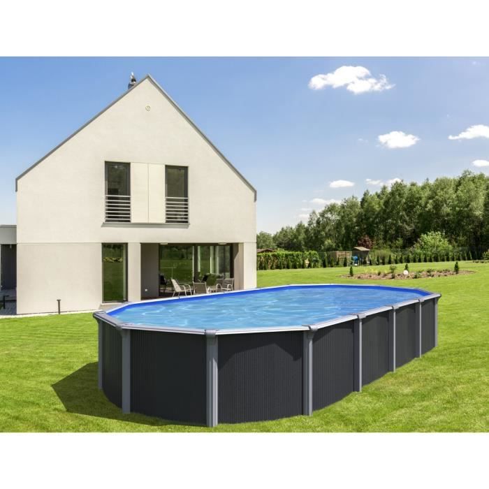TRIGANO Piscine métal hors sol Osmose - 7,60 x 3,95 x 1,32 m - Gris anthracite
