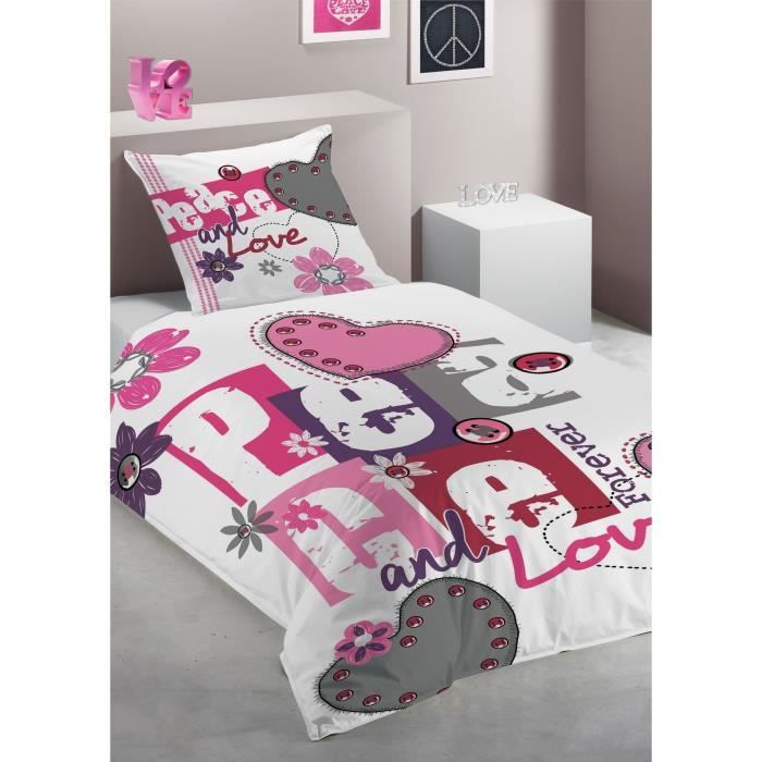 ATELIERS DU LINGE Parure de couette PEACE AND LOVE - 1 Housse de couette 140x200 cm + 1 Taie d'Oreiller 63x63 cm