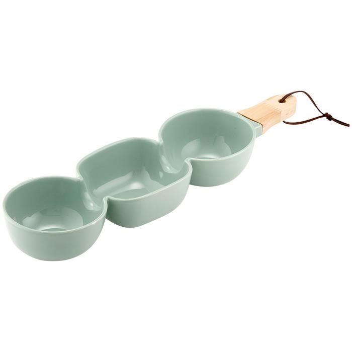 LADELLE Bol à apéritif à 3 compartiments - Vert - Porcelaine et bambou - 40 x 9,8 x 5,2 cm