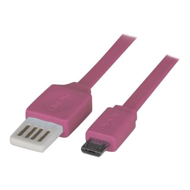 LINDY Câble plat USB 2.0 Easy Fit, type A versMicro-B - 0,5m - Rose